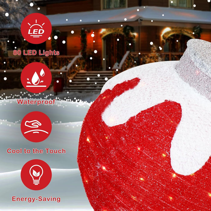 Outdoor Christmas Ornaments, Lighted Pop-Up Outdoor Holiday Ball Decoration with 80 LED Lights, 8 Light Modes, Lighted Collapsible Holiday Decorations for Yard, Home (Red)
