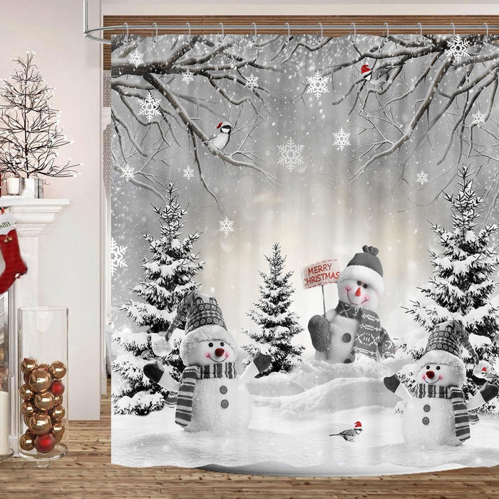 Farmhouse Winter Christmas Shower Curtain, Cute Snowman Snow Forest Pine Tree Scene Shower Curtain for Bathroom Rustic Xmas Snowflake Holiday Gray Bathroom Accessories Polyester 72"X72" with Hooks