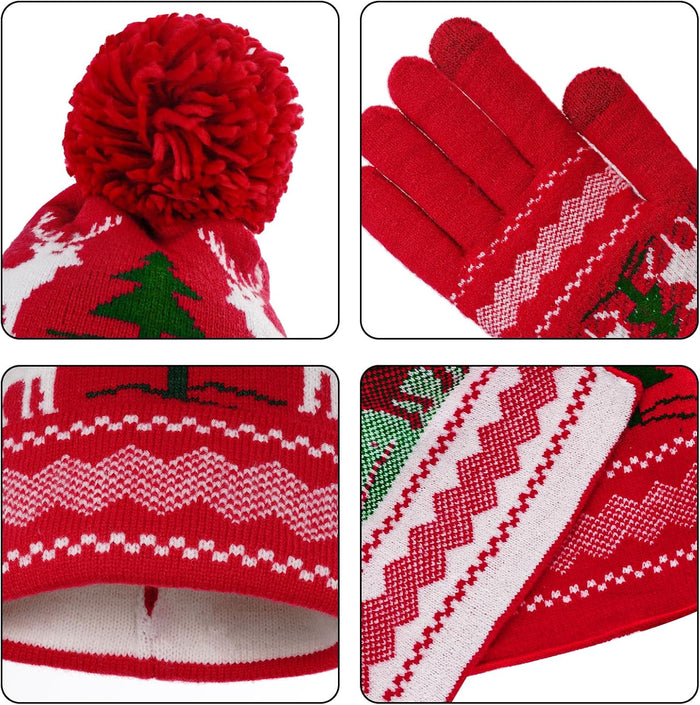 Knitted Hat Scarf Glove Set for Women, Pom Pom Beanie Warm Gloves Winter Scarf Winter Set for Christmas Cold Weather