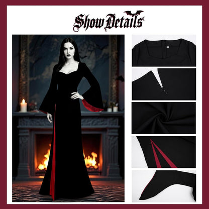 Morticia Addams Costume Women, Black Gothic Maxi Gown, Long Sleeve Black Dress for Halloween Vampire Witch Cosplay Outfit