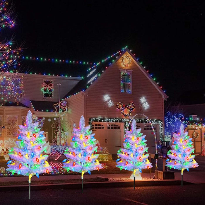 2 Pack White Christmas Tree Outdoor,Solar Powered Christmas Trees with 60 LED C6 Christmas Lights,Pre-Lit Small Artificial Xmas Tree for Yard Porch Walkway Pathway Grave Cemetery Christmas Decorations