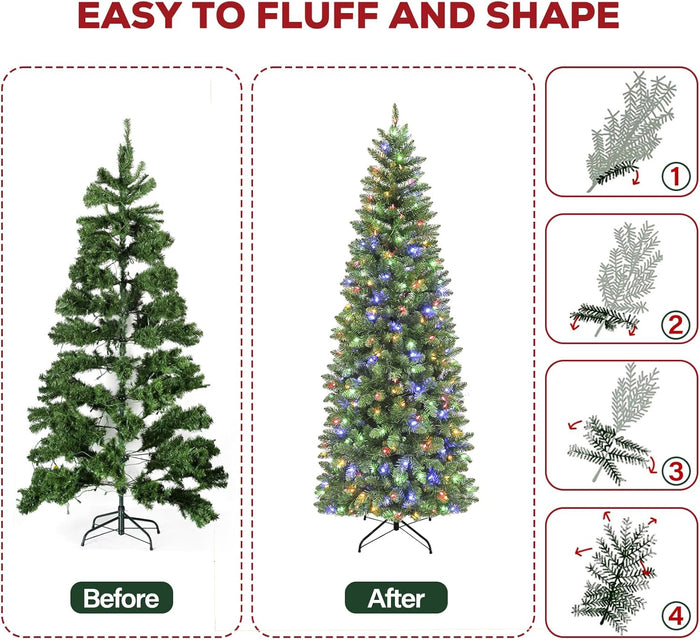 6Ft Prelit Pencil Slim Christmas Tree with 200 Color Changing LED Lights, 544 Branch Tips, Metal Stand and Hinged Branches, 10 Color Modes