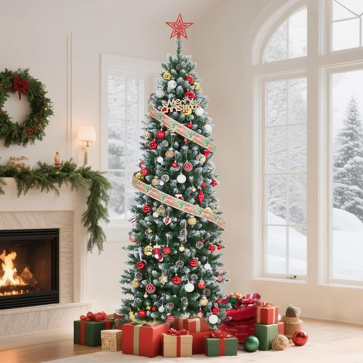 Pencil Christmas Tree,6Ft Artificial Pre-Lit Christmas Tree, Xmas Tree with Metal Stand, Artificial Tree for Home Party Office Holiday Decoration