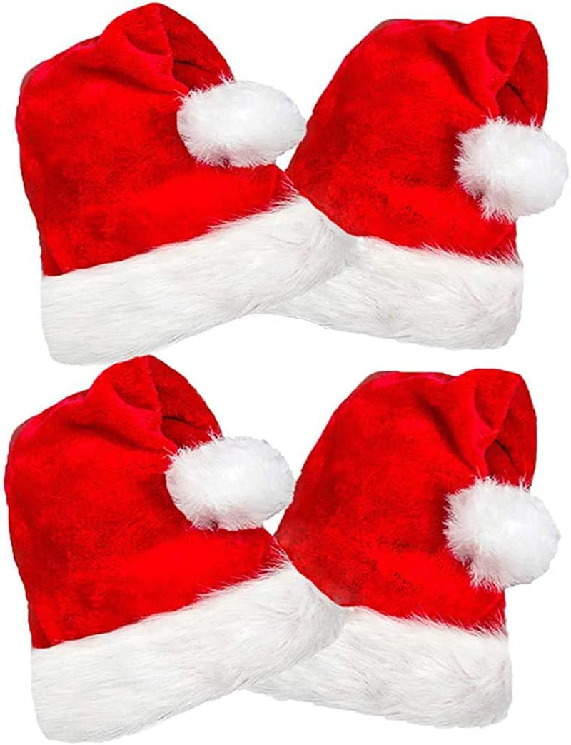 4 Pack Plush Santa Hats, Christmas Santa Hats for Christmas Party, Adult Size Xmas Holiday Hat for Unisex Kids Party Supplies