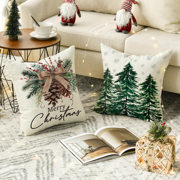 Merry Christmas Trees Reindeer Snowflake Throw Pillow Covers, 18 X 18 Inch Xmas Red Berries Hello Winter Holiday Cushion Case Decoration for Sofa Couch Set of 4