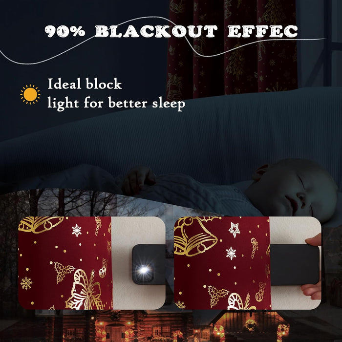 Blackout Curtains 84 Inch Length 2 Panels Set, Noise Reducing Thermal Insulated Christmas Decor Foil Print Design Blackout Curtains for Patio Sliding Glass Door (Christmas Red, 52-Inch Width)