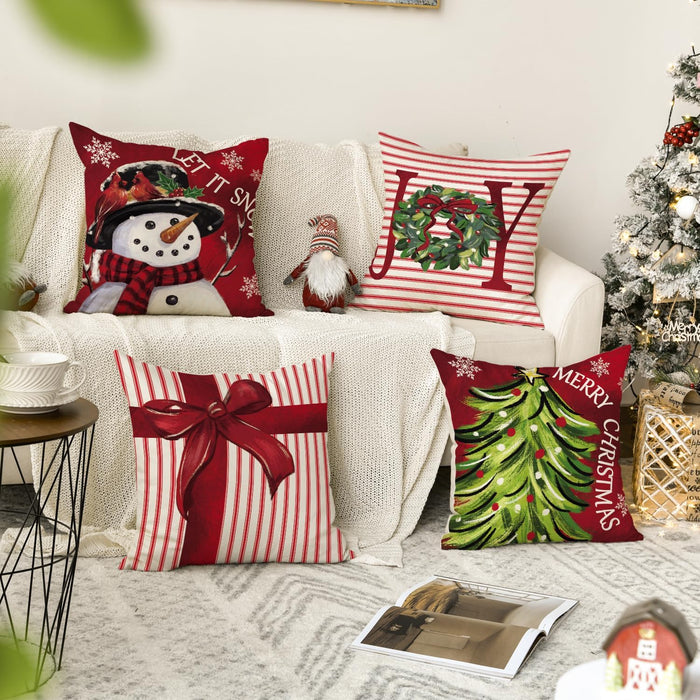Merry Christmas Let It Snow Joy Stripes Gift Box Red Throw Pillow Covers, 18 X 18 Inch Xmas Tree Holiday Cushion Case Decoration for Sofa Couch Set of 4