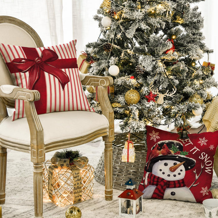 Merry Christmas Let It Snow Joy Stripes Gift Box Red Throw Pillow Covers, 18 X 18 Inch Xmas Tree Holiday Cushion Case Decoration for Sofa Couch Set of 4