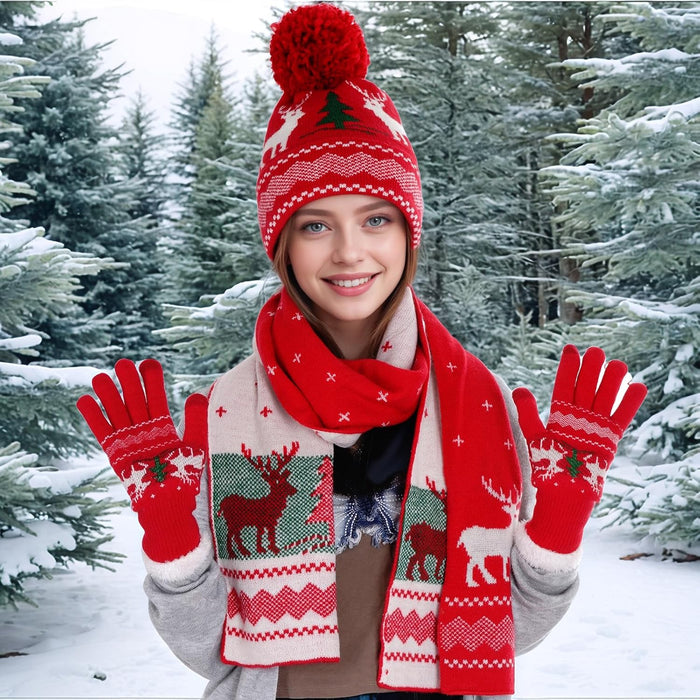 Knitted Hat Scarf Glove Set for Women, Pom Pom Beanie Warm Gloves Winter Scarf Winter Set for Christmas Cold Weather