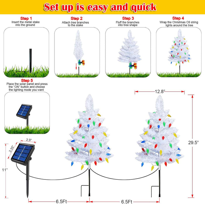 2 Pack White Christmas Tree Outdoor,Solar Powered Christmas Trees with 60 LED C6 Christmas Lights,Pre-Lit Small Artificial Xmas Tree for Yard Porch Walkway Pathway Grave Cemetery Christmas Decorations