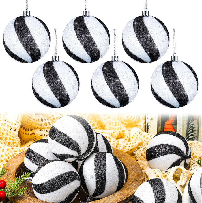12 Pieces 3.15 Inches Christmas Balls Ornaments Glitter Christmas Tree Decorations Plastic Painted Xmas Baubles Decorations for Xmas Swirl Hanging Ornaments Decor(White and Black)