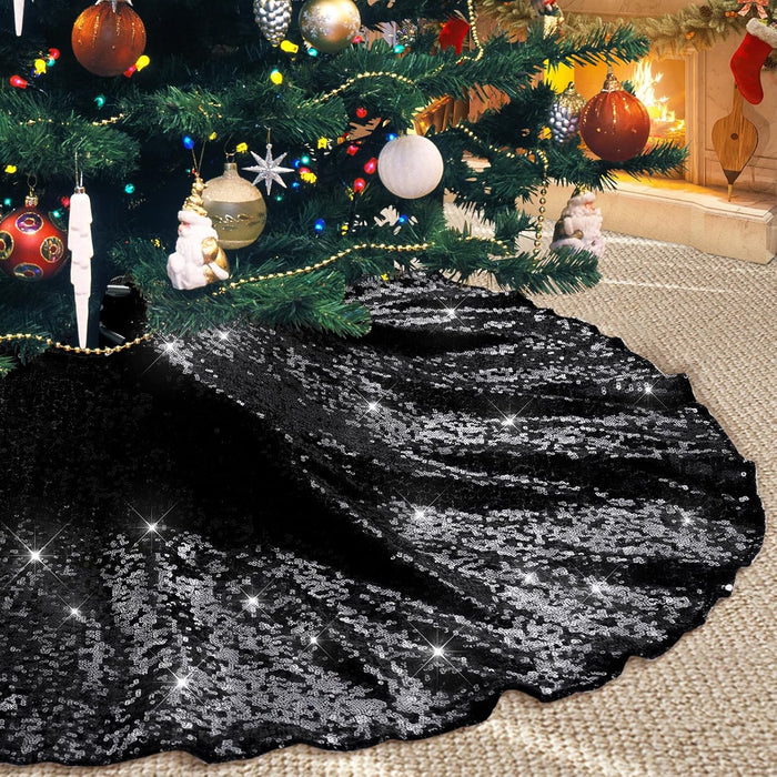 Black Christmas Tree Skirt, 36 Inch Sparkle Sequin Mat for 6Ft Tree Halloween Xmas Party Decor