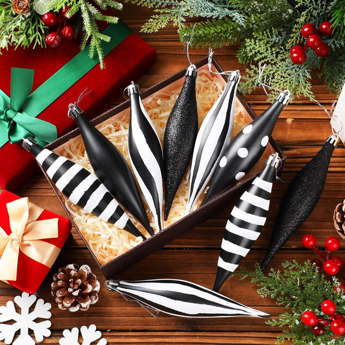 12 Pcs Black and White Christmas Ornaments 6.3 Inch Droplet Stripe Dot Hanging Christmas Ornaments for Xmas Tree Decor for Home and Holiday Party Xmas Trees Accessories