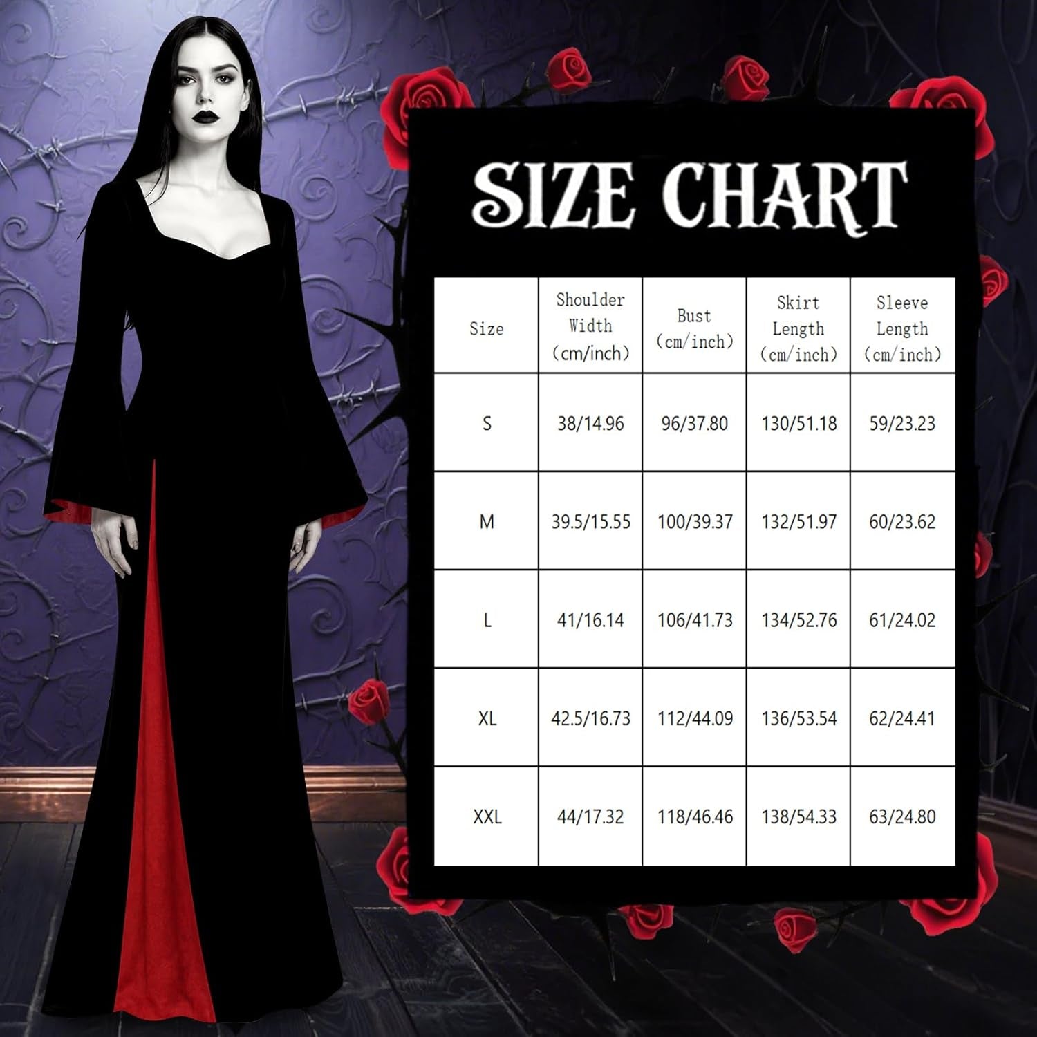 Morticia Addams Costume Women, Black Gothic Maxi Gown, Long Sleeve Black Dress for Halloween Vampire Witch Cosplay Outfit