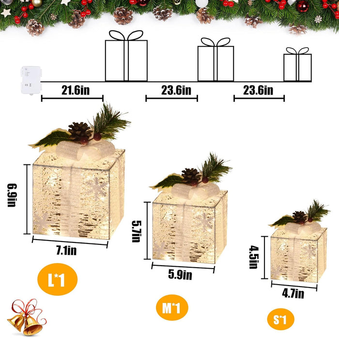 Lighted Gift Boxes, Set of 3 Christmas Decorations, Light up Ornaments, Warm White LED with Bows for Indoor Party Holiday, Snow Decor