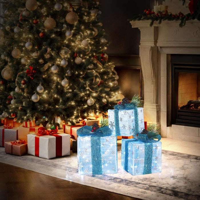 Set of 3 Christmas Lighted Gift Boxes, Pre-Lit 60LED Light up Present Boxes Ornament, Boxes with Snowflake and Blue Bows, Battery Operated Christmas Decorations for Indoor Home, Party, Lawn Decor