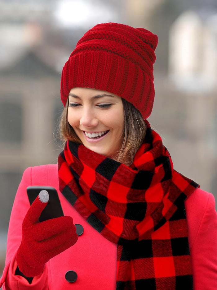Winter Warm Sets Buffalo Plaid Scarf Knitted Beanie Hat Gloves Earloop Warm Cover for Men and Women
