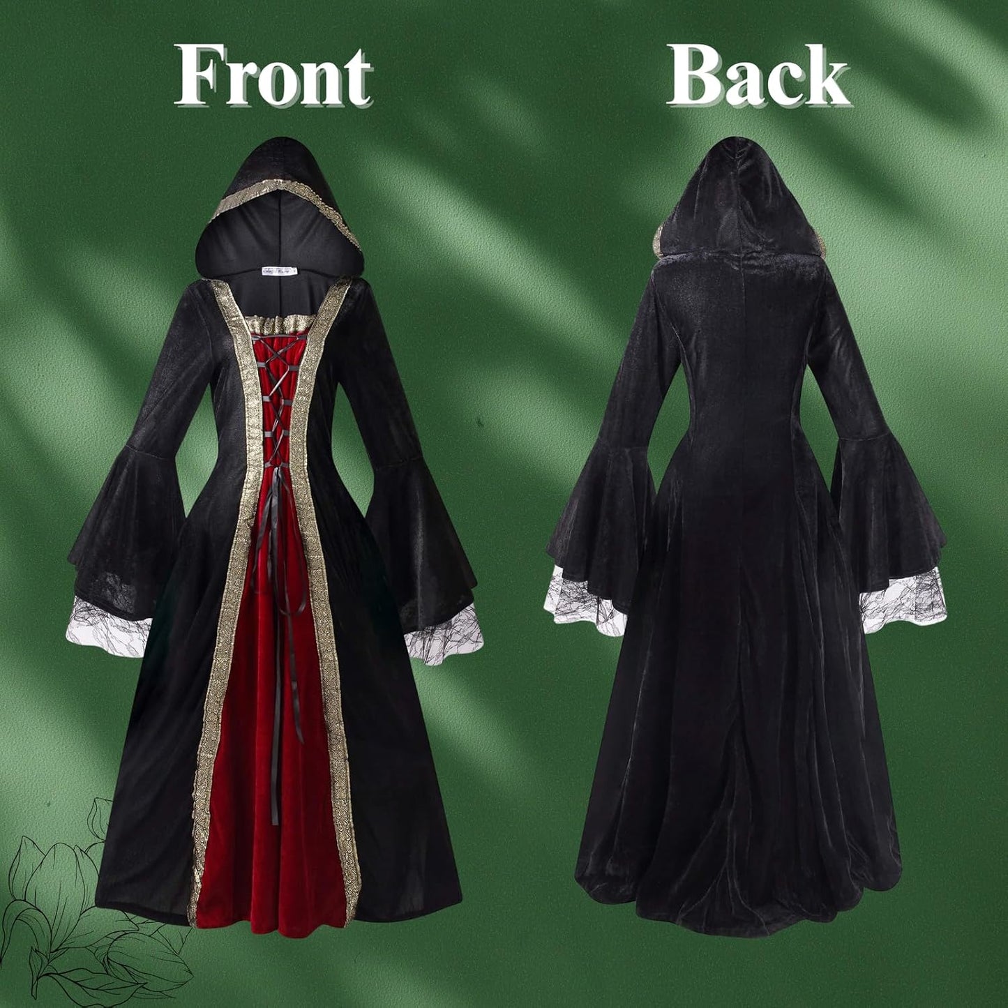 Women Medieval Tea Party Dress Victorian Era Bubble Sleeves Velvet High Waist Long Dress with Belt and Gloves