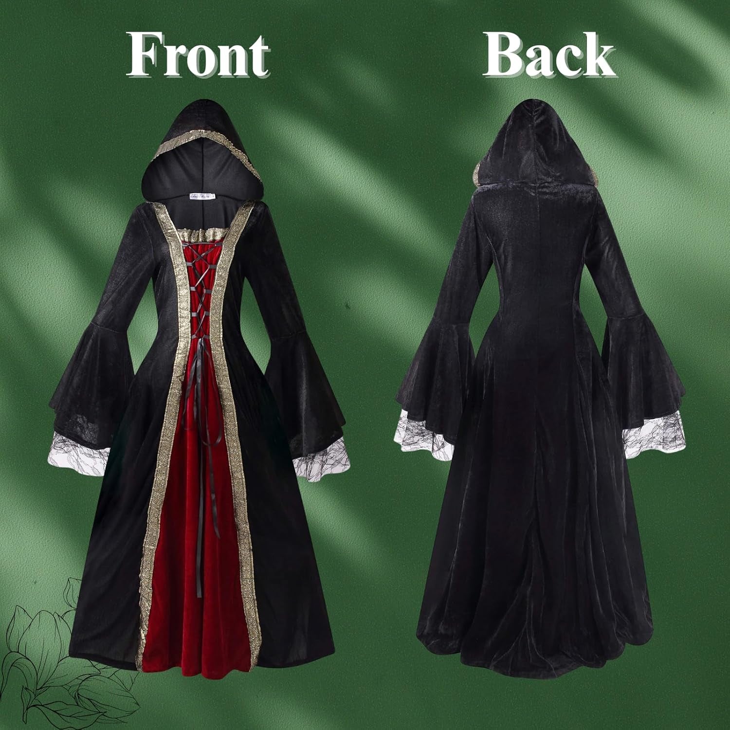 Women Medieval Tea Party Dress Victorian Era Bubble Sleeves Velvet High Waist Long Dress with Belt and Gloves