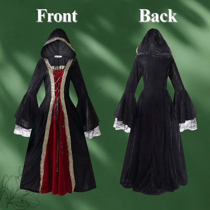 Women Medieval Tea Party Dress Victorian Era Bubble Sleeves Velvet High Waist Long Dress with Belt and Gloves