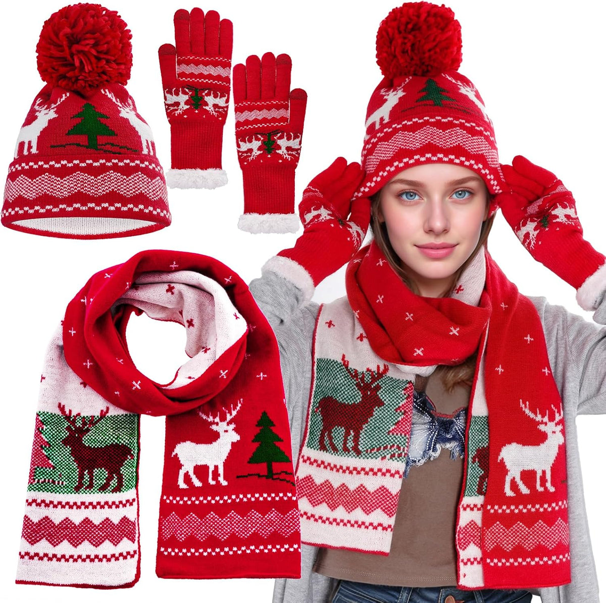 Knitted Hat Scarf Glove Set for Women, Pom Pom Beanie Warm Gloves Winter Scarf Winter Set for Christmas Cold Weather