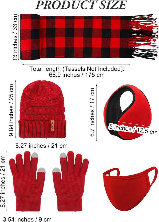 Winter Warm Sets Buffalo Plaid Scarf Knitted Beanie Hat Gloves Earloop Warm Cover for Men and Women
