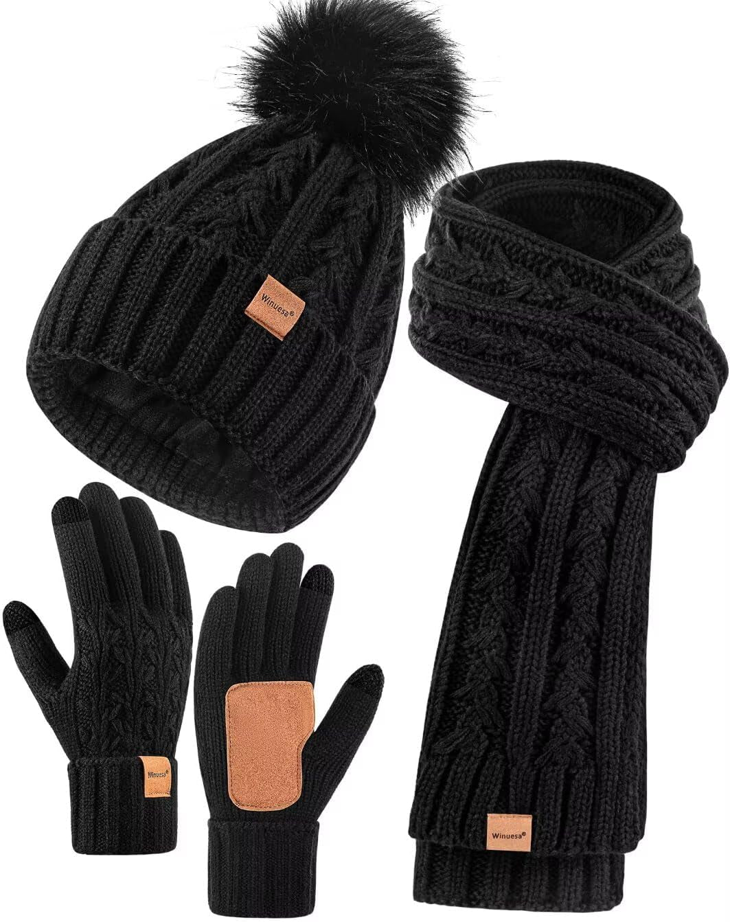 Womens Beanie Hat Scarf Gloves Set, Fleece Lined Winter Hat with Pom Pom, Long Knit Scarf Touchscreen Gloves for Cold Weather