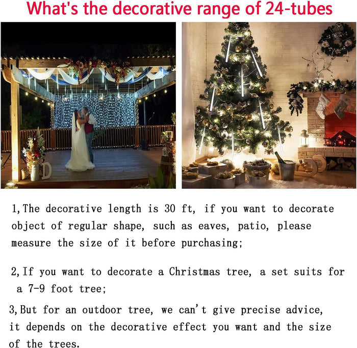 Christmas Lights Outdoor, 24 Tubes(Equivalent to 3 Sets of 8-Tubes) Meteor Shower Light Snow Falling Icicle Lights for Xmas Tree Halloween Decoration Wedding Party Window, UL Plug, White