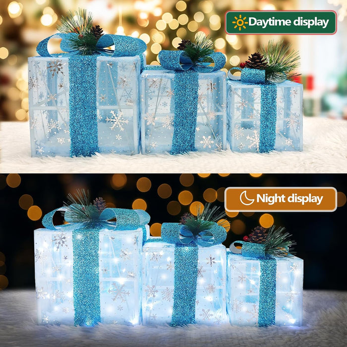 Set of 3 Christmas Lighted Gift Boxes, Pre-Lit 60LED Light up Present Boxes Ornament, Boxes with Snowflake and Blue Bows, Battery Operated Christmas Decorations for Indoor Home, Party, Lawn Decor