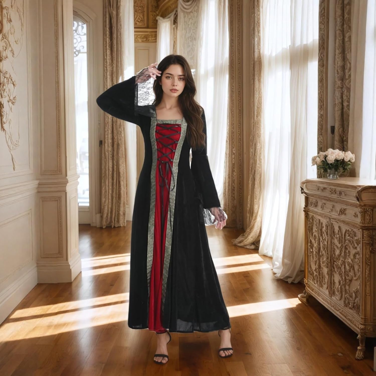 Women Medieval Tea Party Dress Victorian Era Bubble Sleeves Velvet High Waist Long Dress with Belt and Gloves