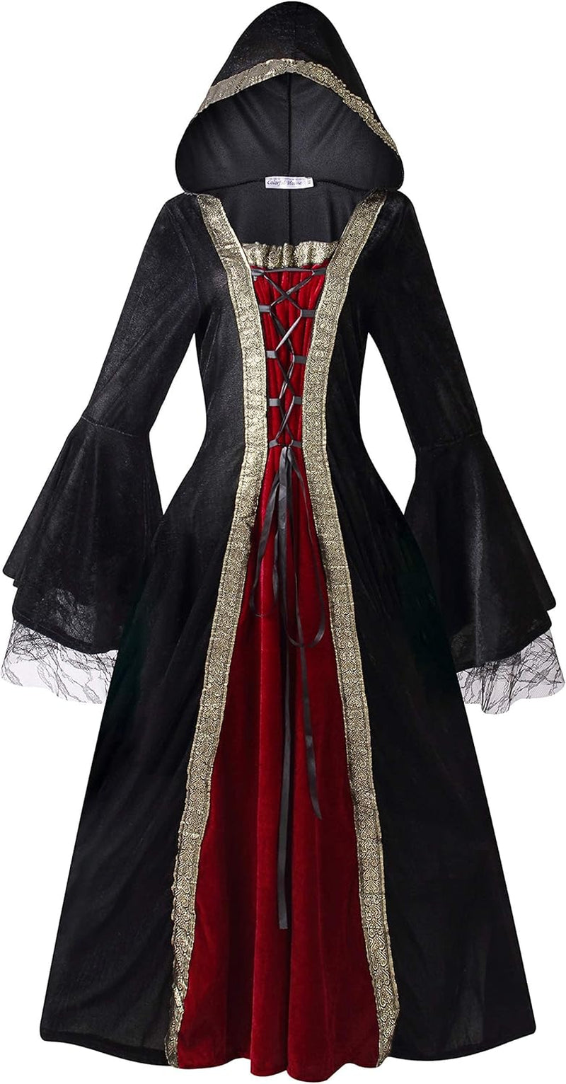 Women Medieval Tea Party Dress Victorian Era Bubble Sleeves Velvet High Waist Long Dress with Belt and Gloves