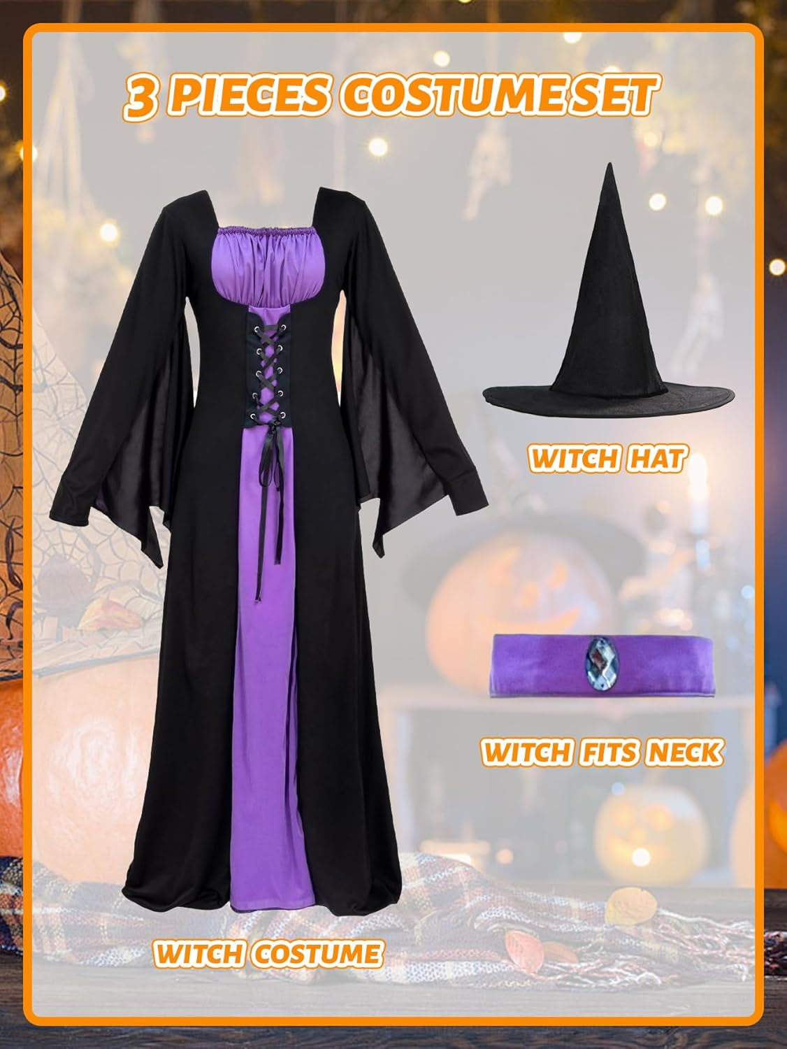 Witch Costume for Women,Adult Halloween Witch Outfit with Hat,Purple Gothic Long Sorceress Classic Dress