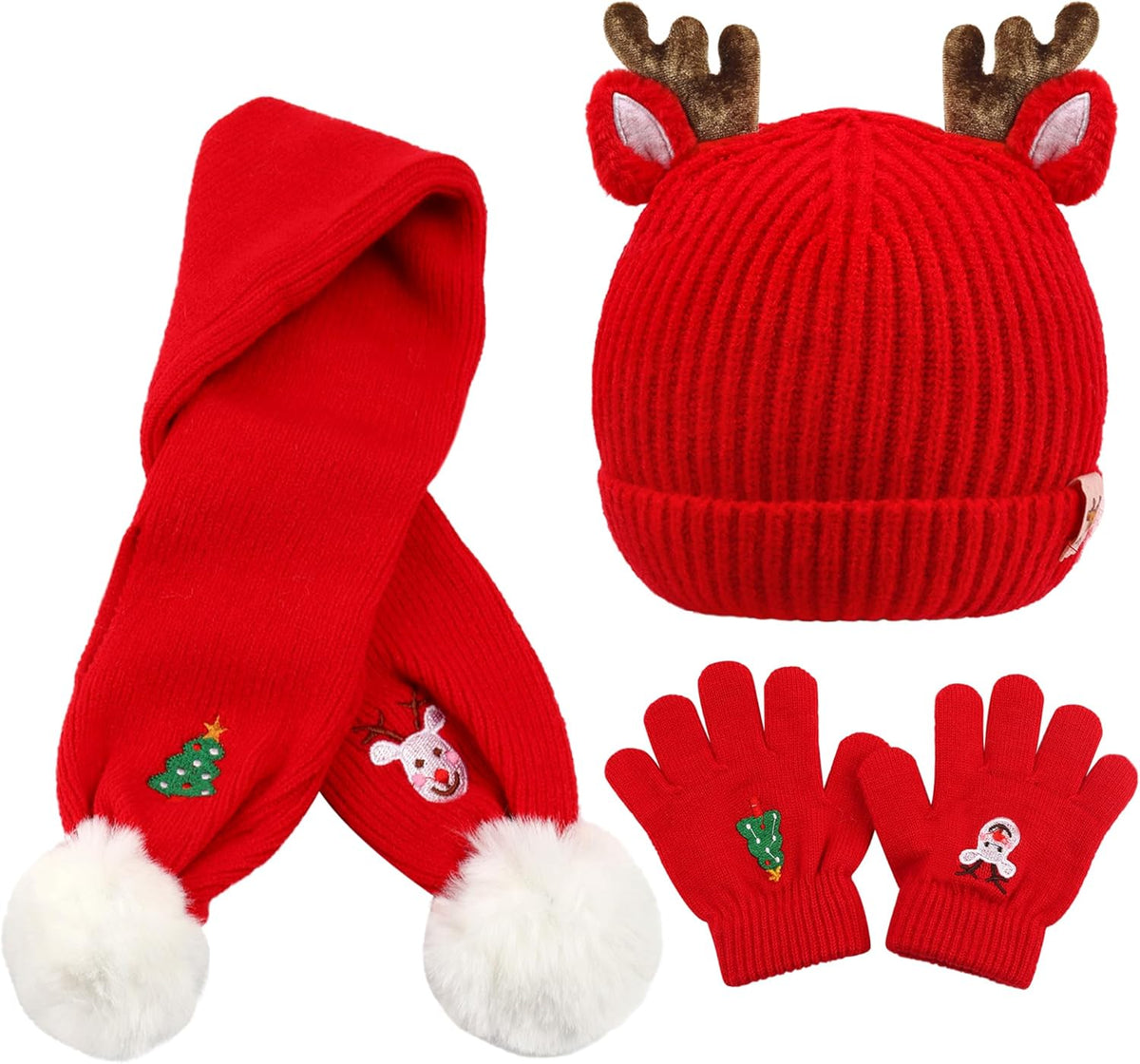 Christmas Beanie Hat Scarf Gloves Set for Kids, Winter Warm Set Xmas Tree Reindeer Hat Scarf Gloves for Toddler Boys Girls 1-8 Year