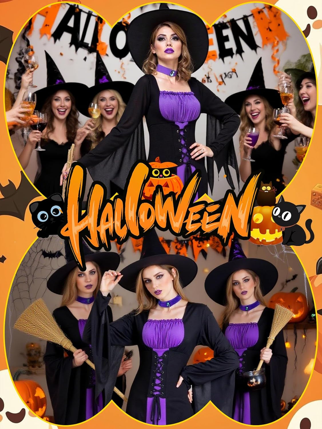 Witch Costume for Women,Adult Halloween Witch Outfit with Hat,Purple Gothic Long Sorceress Classic Dress