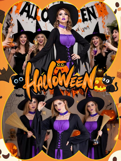 Witch Costume for Women,Adult Halloween Witch Outfit with Hat,Purple Gothic Long Sorceress Classic Dress