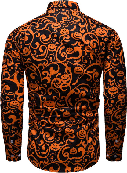 Mens Funny Halloween Shirt Ugly Pumpkin Long Sleeve Casual Button down Shirts Adult Costume for Party