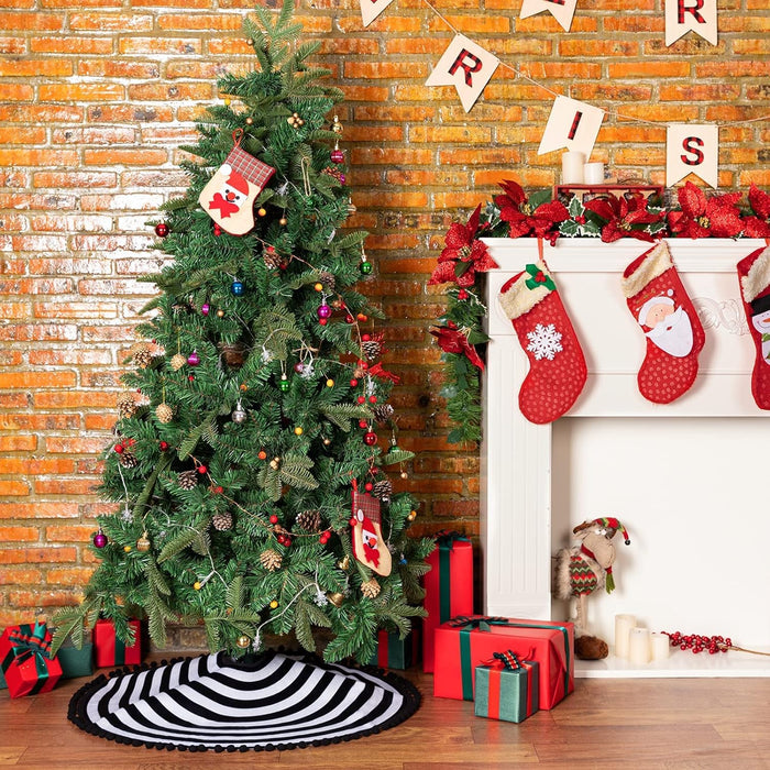 Christmas Black and White Tree Skirt, 30 Inch Annual Rings Tree Mat with Pom Poms for Xmas Tree Halloween Indoor Home Holiday Party Christmas Decorations