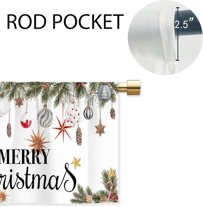 Holly Ornament Merry Christmasvalances for Kitchen Windows Xmas Green Tree Balls Cafe Valance Winter Short Treatment Drapes for Bathroom Laundry Basement Living Room Kitchen 52X18 Inch