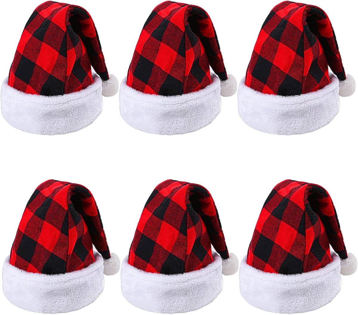 6 Pack Christmas Santa Hat - Red and Black Buffalo Plaid Luxury Plush Hat for Christmas Gifts, Costume Accessories, Holiday Party Decorations