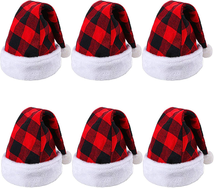 6 Pack Christmas Santa Hat - Red and Black Buffalo Plaid Luxury Plush Hat for Christmas Gifts, Costume Accessories, Holiday Party Decorations