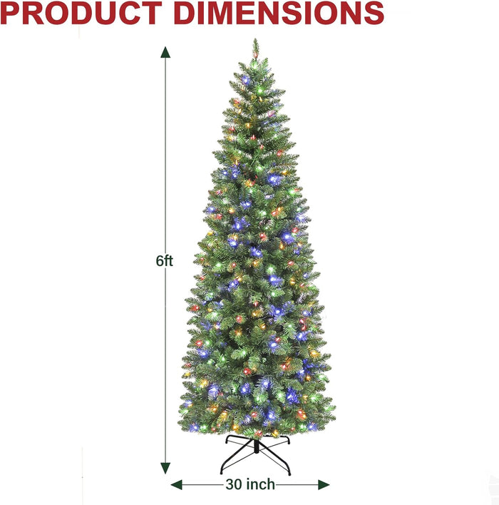 6Ft Prelit Pencil Slim Christmas Tree with 200 Color Changing LED Lights, 544 Branch Tips, Metal Stand and Hinged Branches, 10 Color Modes