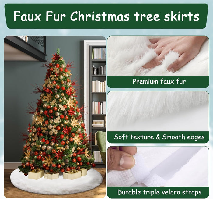 48 Inch Faux Fur Christmas Tree Skirt White Plush Skirt for Merry Christmas Party Christmas Tree Decoration