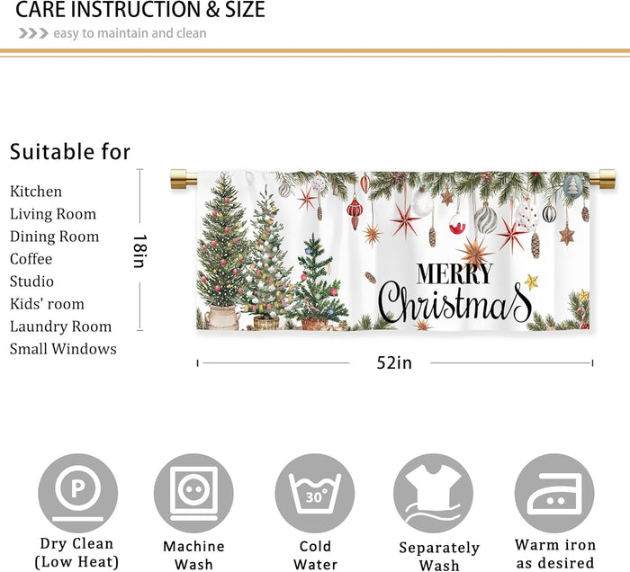 Holly Ornament Merry Christmasvalances for Kitchen Windows Xmas Green Tree Balls Cafe Valance Winter Short Treatment Drapes for Bathroom Laundry Basement Living Room Kitchen 52X18 Inch