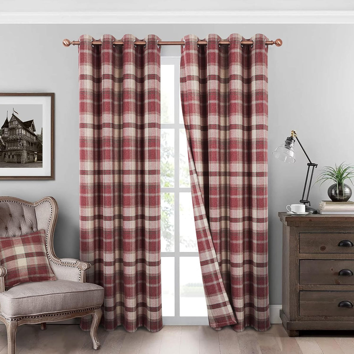 Classic Red Plaid Curtains Highland Woolen Look Tartan Farmhouse Window Treatment Grommet Checked Curtains for Living Room Bedroom 2 Panels 45 * 84 Inches