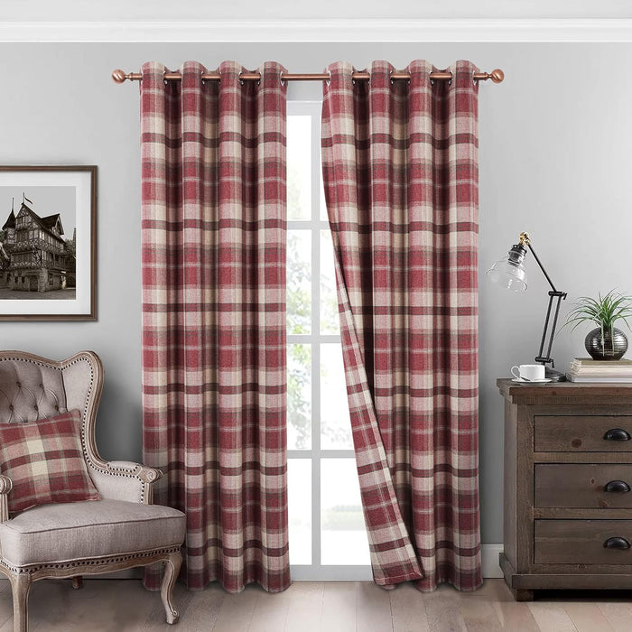 Classic Red Plaid Curtains Highland Woolen Look Tartan Farmhouse Window Treatment Grommet Checked Curtains for Living Room Bedroom 2 Panels 45 * 84 Inches