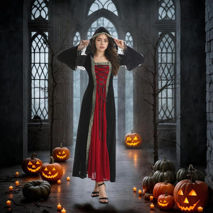 Women Medieval Tea Party Dress Victorian Era Bubble Sleeves Velvet High Waist Long Dress with Belt and Gloves