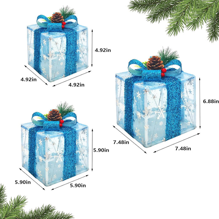 Set of 3 Christmas Lighted Gift Boxes, Pre-Lit 60LED Light up Present Boxes Ornament, Boxes with Snowflake and Blue Bows, Battery Operated Christmas Decorations for Indoor Home, Party, Lawn Decor
